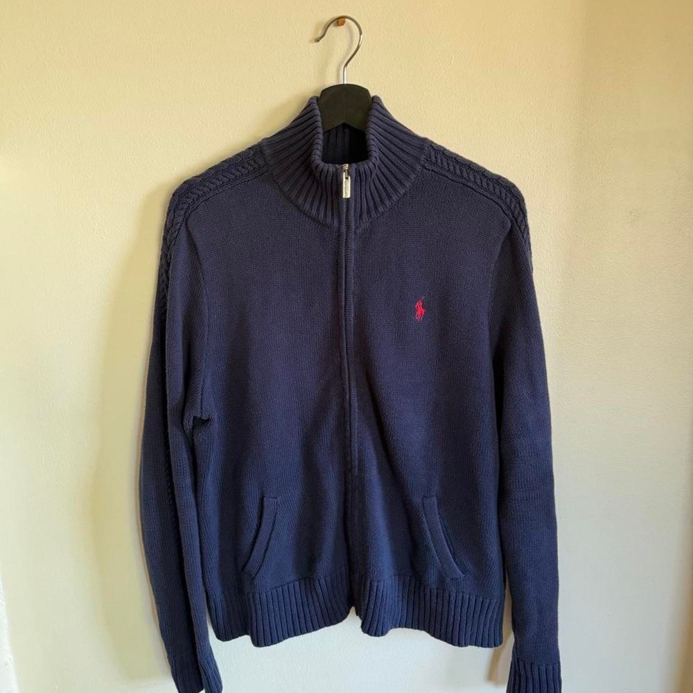 Navy blue cotton preppy Ralph Lauren Sport zip up sweater